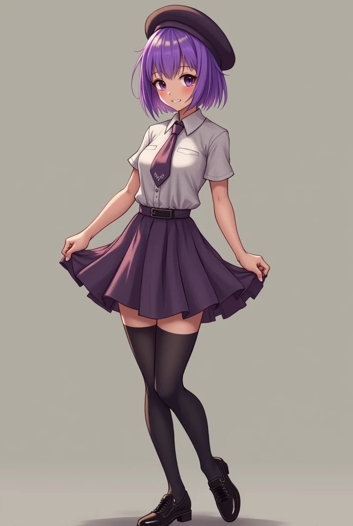 Beret　Short Hair　Purple Hair　 miniskirt　 lift the black knee-high 　 purple tie　Short sleeve shirt　Leather shoes　 about 155 cm tall 　Show off your panty by flipping the front of your skirt