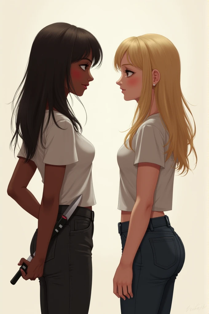 two girls talking and laughing, one brunette with dark skin and the other white with blonde hair, the brunette has her left hand with a knife, hiding it behind her back and the blonde is laughing but smart and suspicious