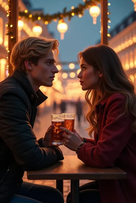 Create a young blond German man, 27 years old, and a young brunette woman, 25 years old, sitting in a cafe overlooking the Christmas Dresden, overlooking bright lights and garlands, hyper-realistic, detailed, masterpiece