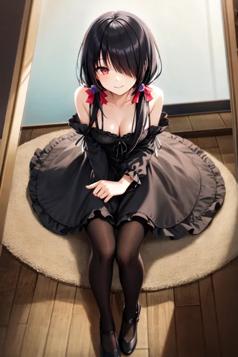 1girl, solo, kneeling, seiza, cckurumi, long hair, low twintails, hair flower, hair over one eye, hair bow, gothic, black dress, ribbon, pantyhose, slippers, sitting, smile, looking at viewer, leaning forward, indoors, living room, television, window, plan...