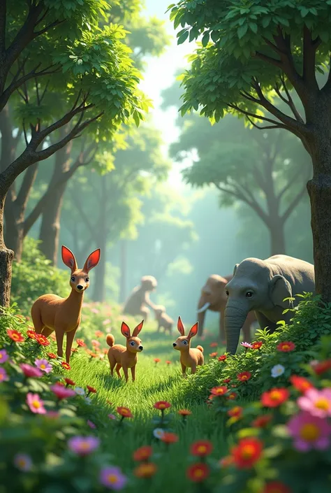 In 3D animation styleA lush green jungle with tall trees, colorful flowers, and various animals like deer, rabbits, elephants, and monkeys roaming peacefully"