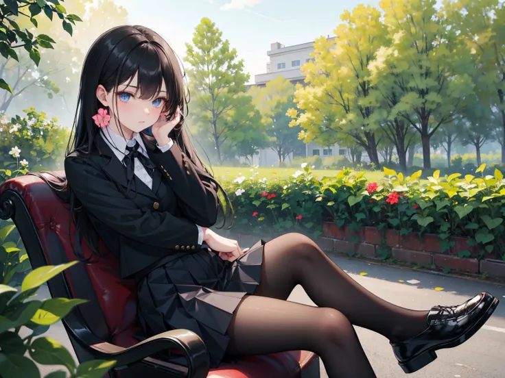  Long straight black hair , School Uniform,     blue eyes，  Black Leather Shoes  ，   black pleated skirt   ,    black pantyhose ,   Black Leather Shoes  ,    Sit in a leather chair  ，Lean Back ，  charming posture  , spread his legs, Lower body，HEALTHY SKIN...