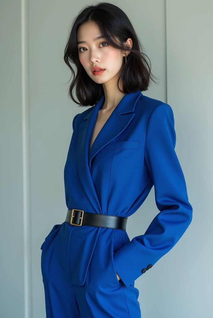 Korean woman wearing a blue jumpsuit tied to a belt