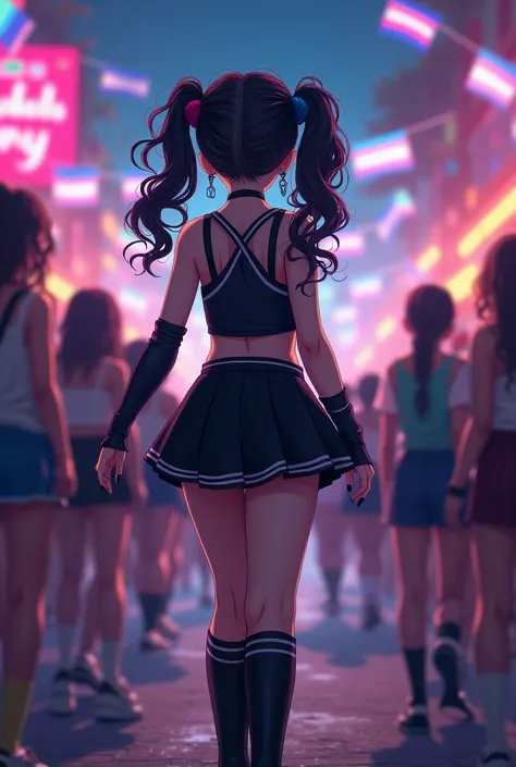 Boy with long curly hair wearing pigtails , wearing black nails, botas negras, black cheerleader skirt and black cheerleader shirt walking at night at a party with the ANIME-style TRANS flags