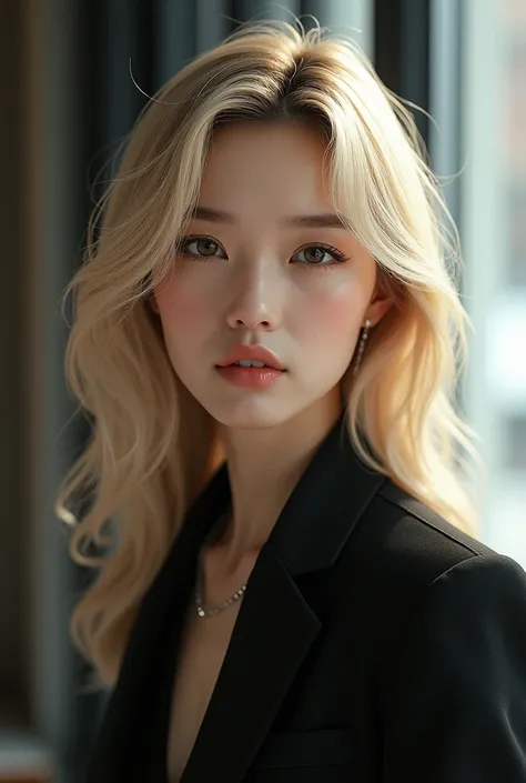 Create me a character of a 25 year old girl , with asian origin and blonde hair