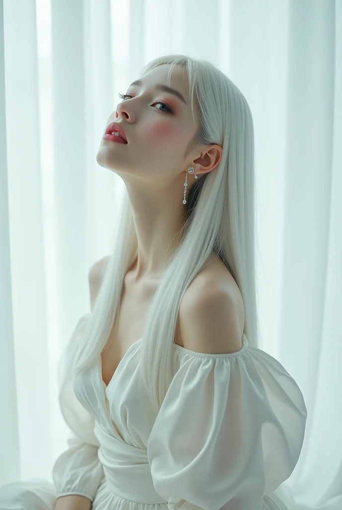 | A woman with long, straight white hair slicked back,| I want her without eyebrows in a very alternative setting,wearing a white silk dress,She gives a pose like She is hugging herself,| She will look up and a diamond tear will fall from her eyes,| I want...