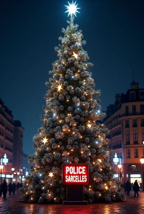 A big bright Christmas tree with a sign saying “POLICE SARCELLES”