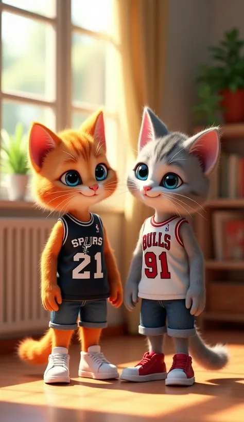 "Another high-quality 3D rendering of an anthropomorphic orange-white hairy male juvenile cat about 20 years old with expressive blue eyes,  wearing a black san antonio spurs sleeveless basketball shirt numbered 21, blue short jeans and white jordan shoes ...