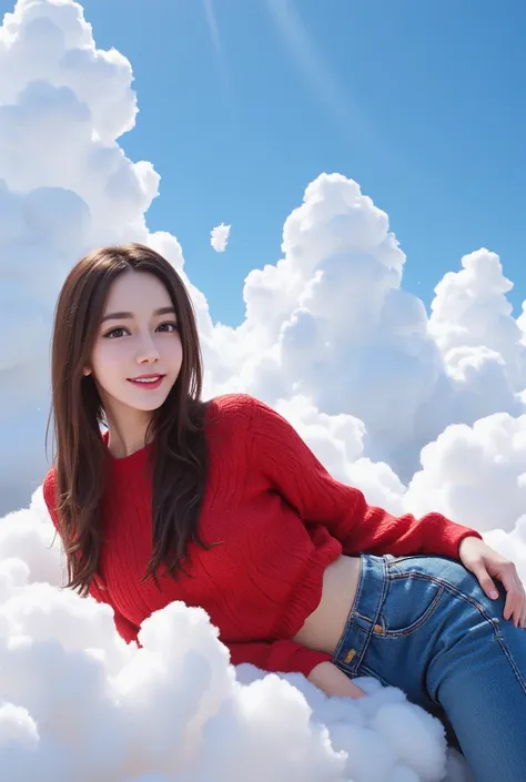 A figure is lying on a cloud, wearing a red sweater and slim jeans in the strong sunlight against the backdrop of a blue sky with cumulonimbus clouds. The clouds are fluffy and there are small feathery clouds scattered around them. The light is bright, exp...