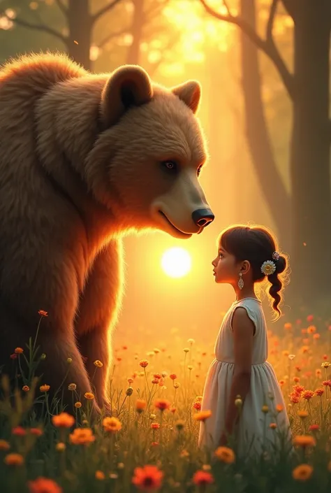 In the heart of an enchanted forest, a young girl has a magical encounter with a giant bear during the golden hour of sunset. Dressed in a delicate white dress, her hair is elegantly pulled back in a bun decorated with flowers. She wears dangling earrings ...