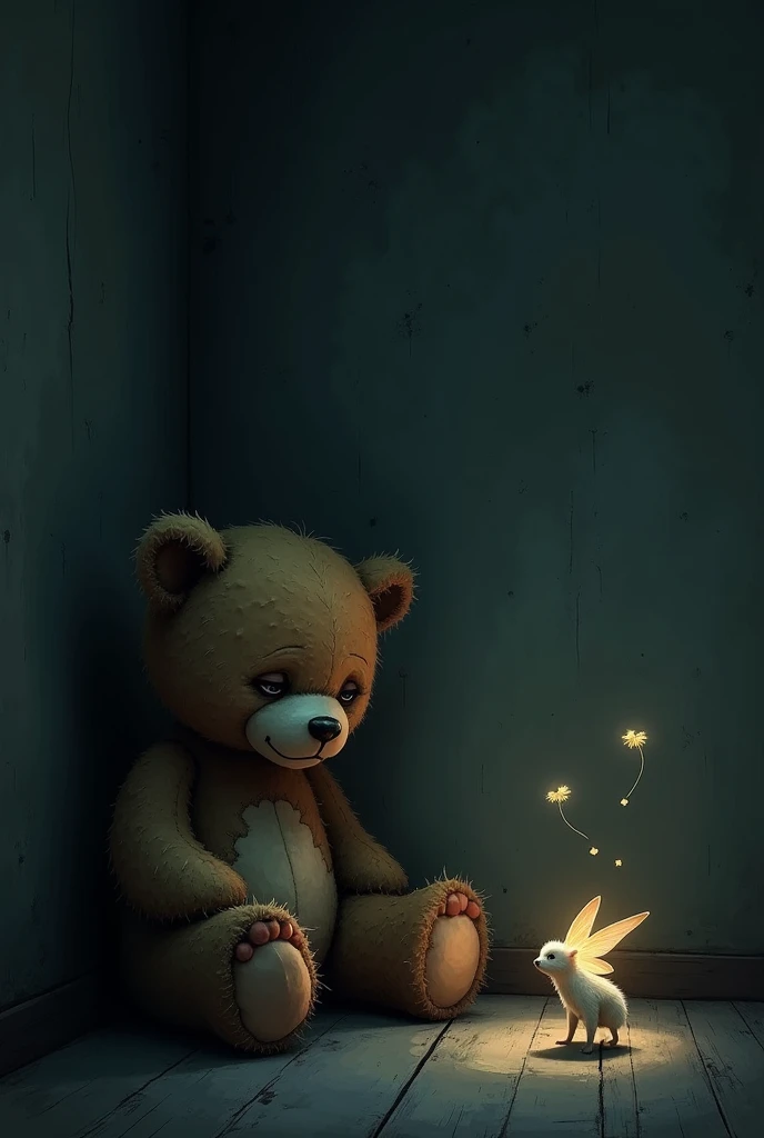 A teddy bear with a sad face in a dark corner barely illuminated by a faint and dying light watching next to him a tiny and beautiful fairy shining and fluttering with its own light around him 