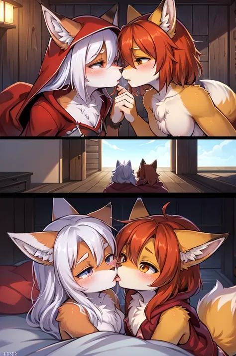 2GirlFoxと女の子が抱き合っている絵が2枚あります, Kiss together cutely, Kiss together, fur art!!!, Kiss each other, pov fur art, ファンタジーFoxの愛, Furry Anime, very very beautiful fur art, Red Hood, Hairy Chest, Foxの耳, High quality fan art, 2girlFox, A nice kiss, fur art, wake up,...