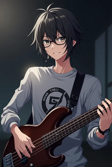 A black hair cute handsome anime boy with long sleeve grey shirt printed Mishan on it and black glasses in his collar and a black rolex watch in his wrist playing a dark drown bass guitar 