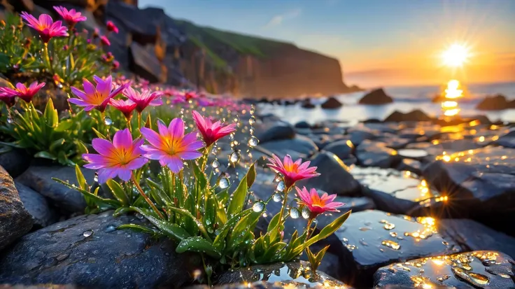 The first rays of sunlight in the morning，cliff，Dew drops on beautiful flowers in cracks of rocks，(sunrise)，Beautiful picture，HD Wallpapers