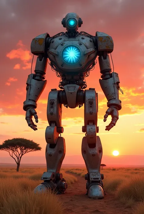 "A towering humanoid robot crafted from weathered, industrial metal with visible bolts and wires, resembling a makeshift exoskeleton. Its chest emits a radiant blue light from a core reactor, and it stands in a heroic pose. The background features a vast A...