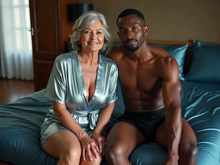 Full length shot of a beautiful caucasian elderly curvy woman and a tall young black man,
They are sitting on a bed with shiny dark periwinkle-blue vinyl sheets,
Their eyes are looking directly at the viewer,
She smiles tenderly,
Her hair is short and gray...