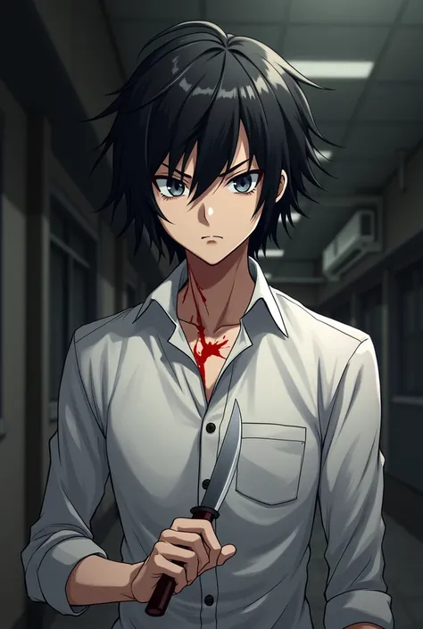 yandere kun, ayato aishi, black hair, black eyes, frowning sadistically, white button up with top button with chest slightly, holding knife, frowning, dark japanese school background, in background, masculine, manly, bloody, half-lidded eyes, sharp jawline...