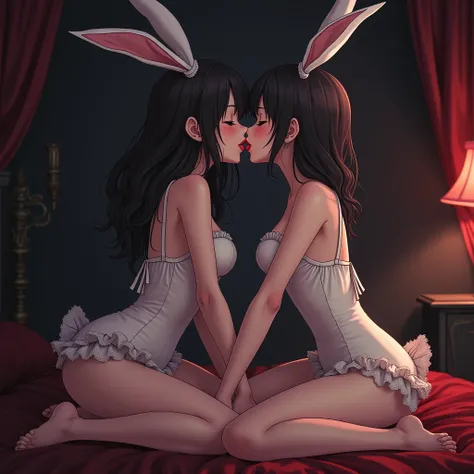 small lesbian twins making out, anime, tongue kiss, licking inside of mouth, bunny girl outfit, inside bedroom,        goth