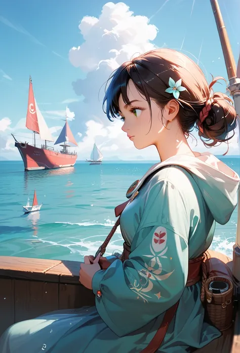 Score_9,Score_8_up,Score_7_up,highest quality anime,masterpiece,extremely detailed,depth of field,high-resolution,1 woman,Adventurer,on the sailboat,looking far away