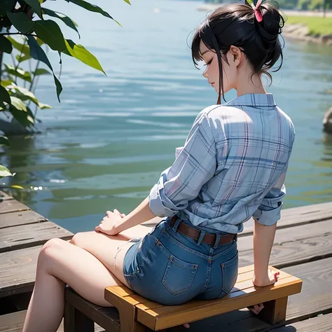 From behind view. Beautiful slim and small asian woman, age 25. 1girl, Solo, Closed Eyes, tie hair with ribbon at the back of the bottom of hair. sitting cross legs, relexed back on ground by the lake in South East Asia.
Slipper. Beautiful plaid shirt and ...