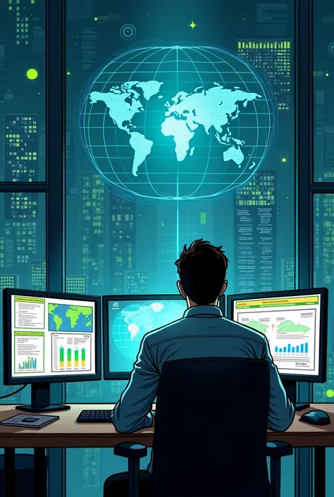  Comic strip line

Picture :  An ICT engineer sitting in front of several monitors ,  analyzes the data and gives recommendations to scientists .  Screen showing the use of green technology ,  such as renewable energy and carbon footprint reduction .

 Dia...