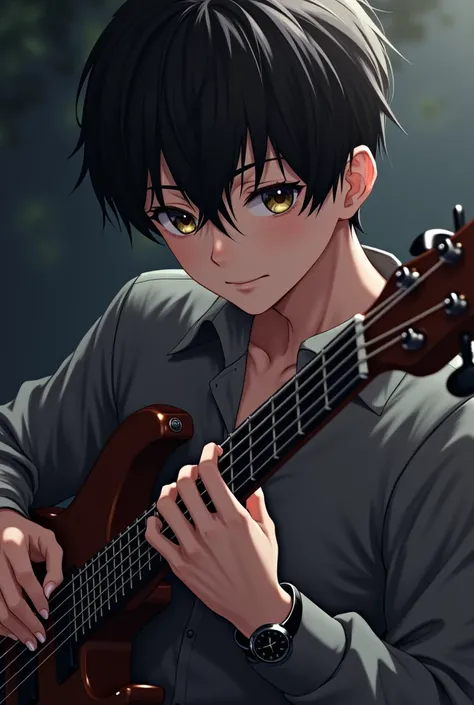 A black hair cute handsome anime boy with long sleeve grey shirt  and a black rolex watch in his wrist playing a dark drown bass guitar 