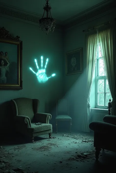 **"An abandoned room in the mansion, with broken furniture, faded paintings, and mysterious glowing handprints on the walls."**  
   *(Size: 1024x1024)*  