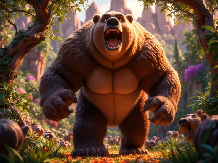 A large, intimidating brown bear with sharp claws standing in the middle of the forest. Its roar is shaking the ground. The animals are hiding, looking terrified