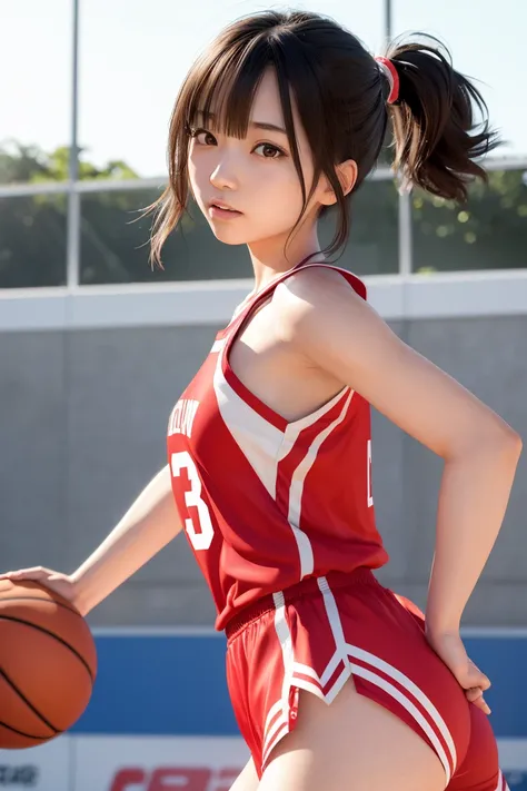 A 20-year-old Japanese girl with young small breasts raising her hands in the basketball court, young face, cute face, beautiful face, basketball costume, (large size and fluffy), 3D rendering, angle from the side, very detailed, high resolution, anatomica...