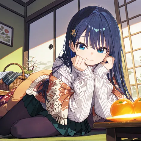 A masterpiece, high-quality digital illustration of a young girl relaxing in a traditional Japanese tatami room. She has long, straight, dark blue hair that flows elegantly, and striking blue eyes. She is wearing cute and cozy winter clothing, including a ...