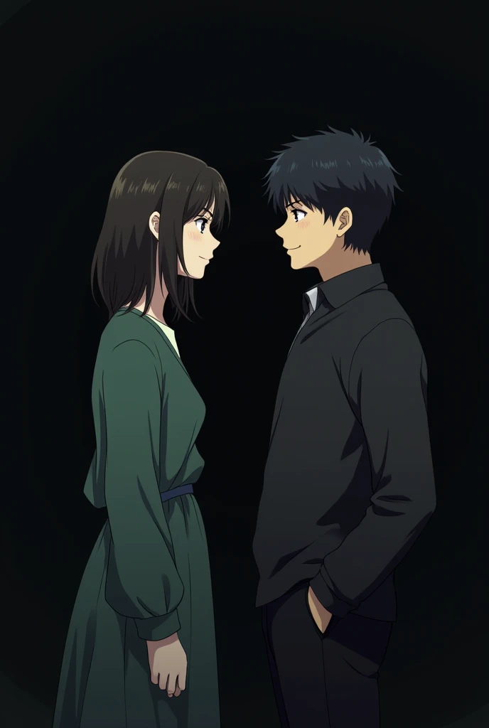 A anime man looking at right and  woman looking in the opposite direction with gratitude black background 