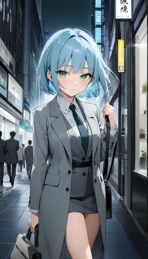 Highest quality、Light blue hair、Short Bob、Deep green eyes,20 years old,woman,small breast,Gray suit 、grey long coat、Black leather shoes、Black socks、business bag、After work、 sleepy look after intercourse、Walking through the city at night