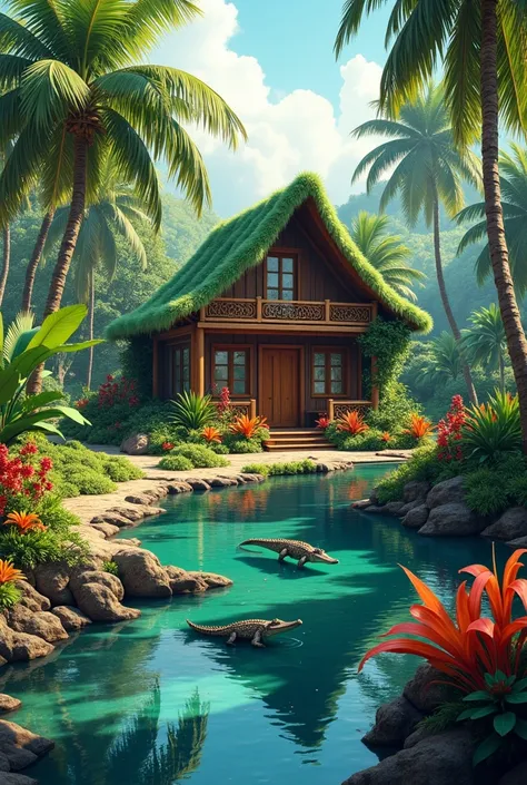 "A beautiful wooden house with a green rooftop surrounded by lush greenery, colorful flowers, and a serene pond with crocodiles floating peacefully, creating a tropical paradise."