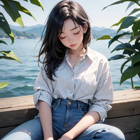 Shirt cover, over the jean. Beautiful slim and small asian woman, age 25. 1girl, Solo, Closed Eyes, tie hair with ribbon at the back of the bottom of hair. sitting cross legs, relexed back on ground by the lake in South East Asia.
Slipper. Beautiful plaid ...