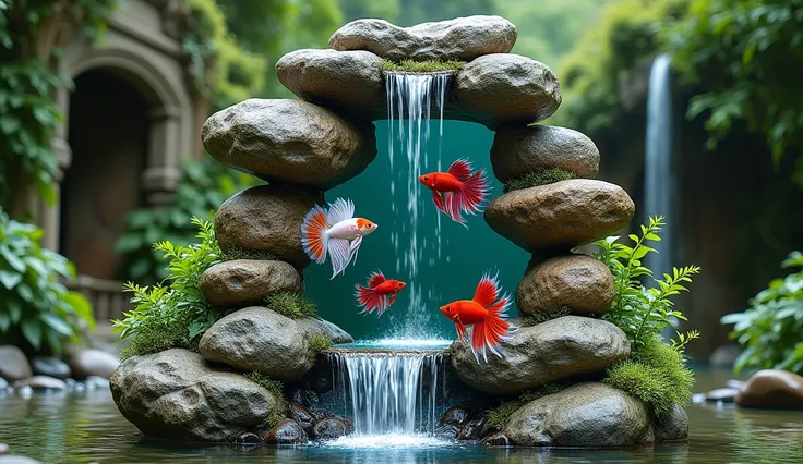 two-meter-high ornamental waterfall made with natural stones and with betta fish aquariums embedded in the stones 