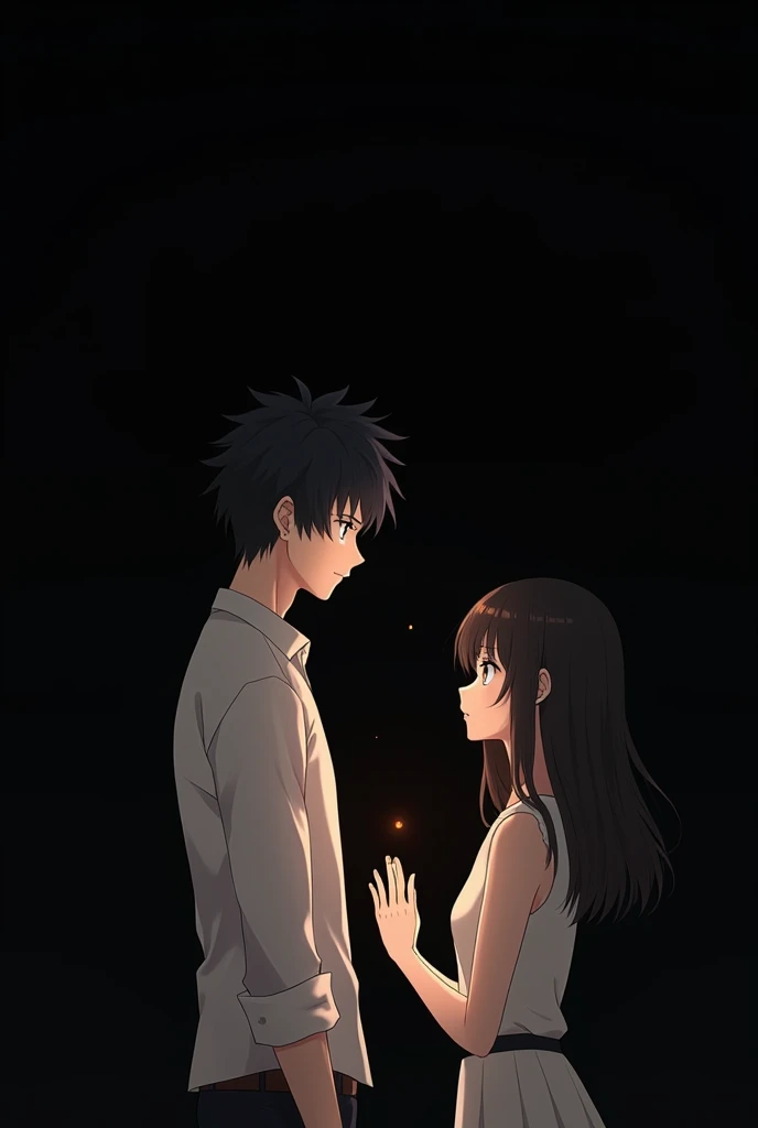 A anime man looking at right and  woman looking in the opposite direction left with gratitude black background  no face 