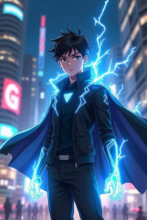 Anime teenboy superhero in loose black outfit with a glowing cape made of electrical powers