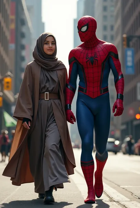 Woman in hijab walks with Spiderman