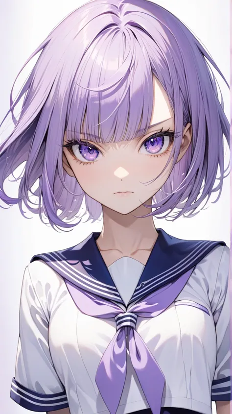   bob hair、Light purple hair color、 beautiful, perfect face, stare at the camera , beautiful eyes,Attractive purple eyes,Serious、Straight face、 elegant , standing, Dancing、 sailor suit , bob hair,Front, background is black、date、  sailor suit 、student