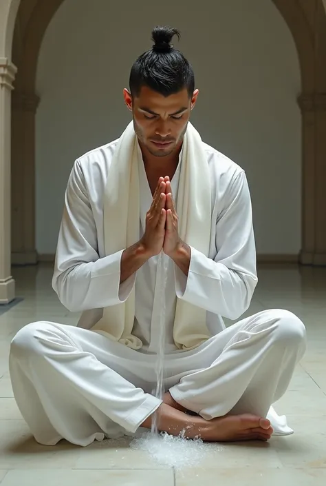 Ronaldo is performing ablution in a white Punjabi robe