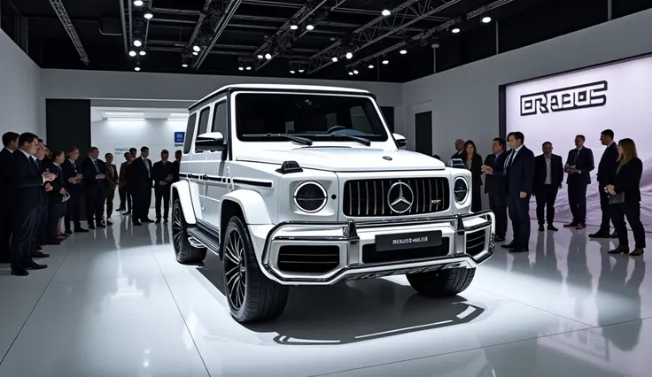 BRABUS G63 4x4 2025 new model 2025 white English showroom introduce ceremony in people in expensive of white English showroom with 3d logo cloth display fall down and bellons and dancing people lites logo 