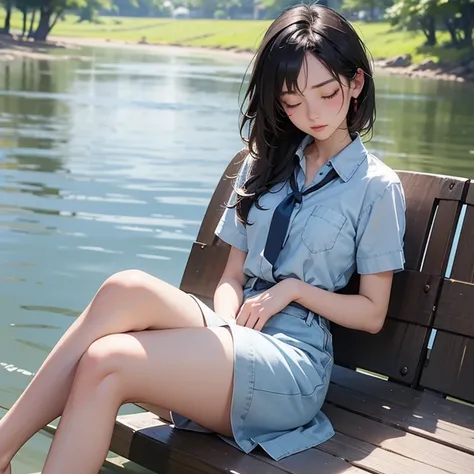 Shirt cover, over the jean. Beautiful slim and small asian woman, age 25. 1girl, Solo, Closed Eyes, tie hair with ribbon at the back of the bottom of hair. sitting cross legs, relexed back on ground by the lake in South East Asia.
Slipper. Beautiful dress.