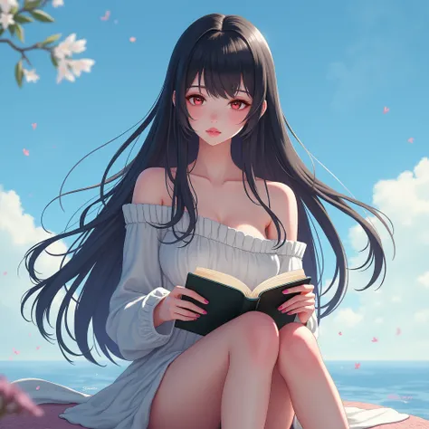 Girl like sakura but with big and hot  long hair and off shoulder sweater, bare beautiful legs, reading book, blue sky, (white skin),