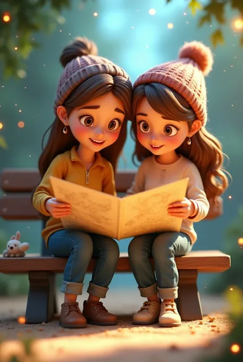 Cartoon 3D image:Both young beautiful women leaning over the map, deep in thought, with faint magical sparkles floating around them and the bench.