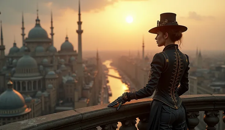 woman with mad-mecharm arm standing on a balkony looking over steampunk city, steampunk clothing, cinematic shot, dramatic lighting, (masterpiece:1.2), best quality, (hyperdetailed, highest detailed:1.2), high resolution textures