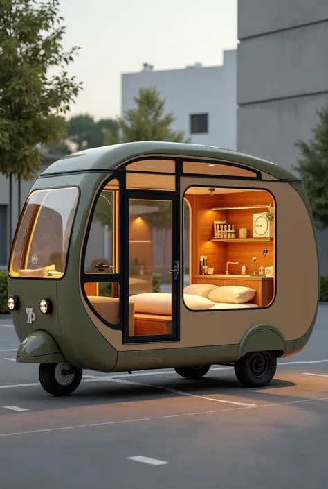 This is an image of a compact, three-wheeled camper vehicle. Heres a detailed prompt based on the picture:

"Design a modern, minimalist three-wheeled camper vehicle in an urban outdoor setting. The camper features a rounded, retro-inspired shape with beig...