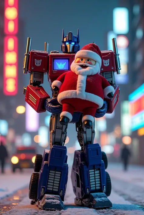 Create an image of Optimus Prime from Transformers One movie carry Santa Claus in smiley face on a street in Bangkok night full with snow