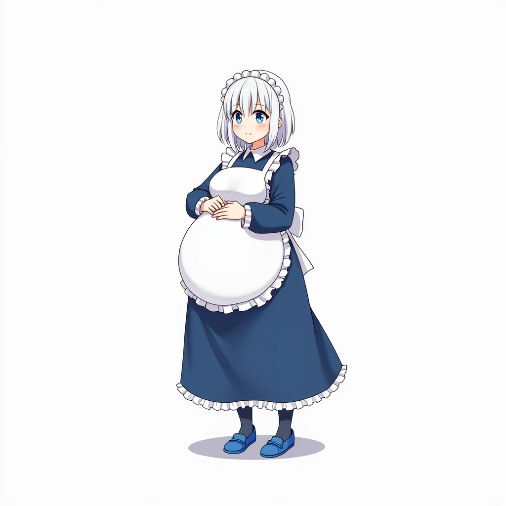 anime girl, blue eyes, big large breasts, anime style, high resolution, white hair, blue and white long dress, dress anime, blue tights, blue womens moccasins, blue maid, standing tall,exposed bare breasts, big hyper large breasts,medium hair,smile,big hip...