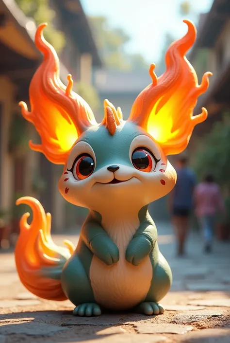 Draw a cute statue with flame-shaped ears that blow fire