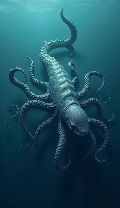 "A fearsome sea creature with the sleek, muscular body of a shark and the multiple tentacles of an octopus, its body covered in a textured, iridescent skin. It moves swiftly through the deep blue ocean, its tentacles undulating gracefully while its shark-l...